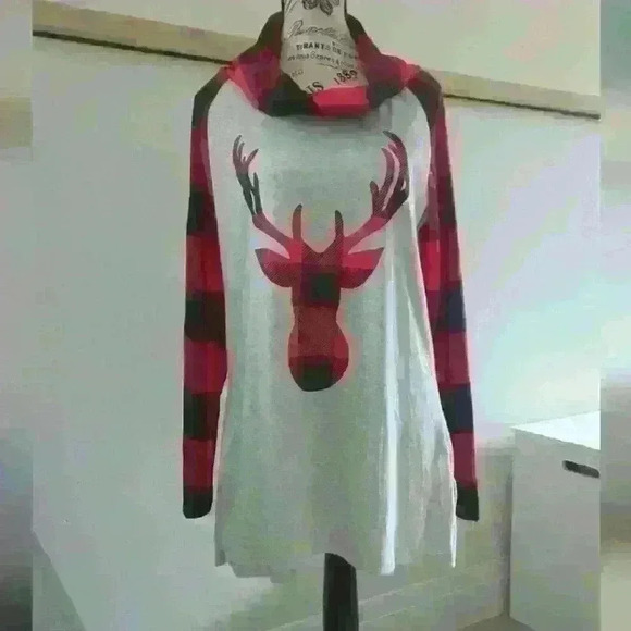FOR G AND PL | Women's Grey w/ Black/Red Plaid  Reindeer Cowl Neck Tunic Sweater - Picture 1 of 4